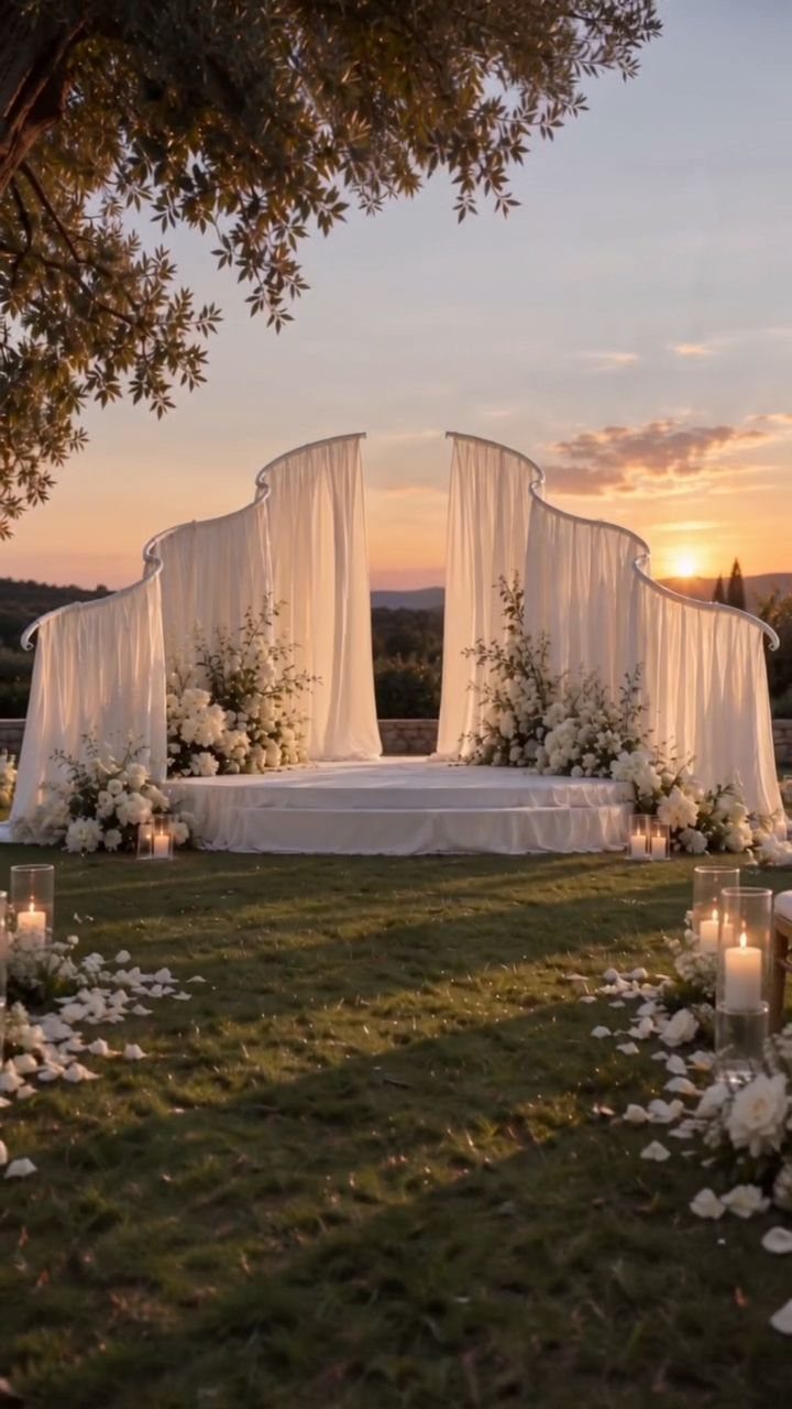 White flowing fabric wedding ceremony backdrop with lush white flowers at sunset.