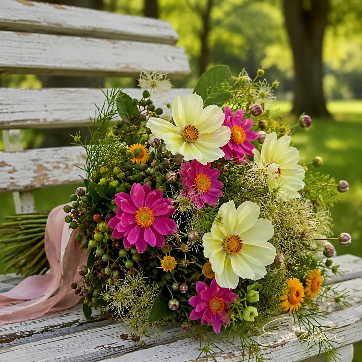 A colorful bouquet of white cosmos, pink zinnias, and orange daisies resting on a white wooden bench.