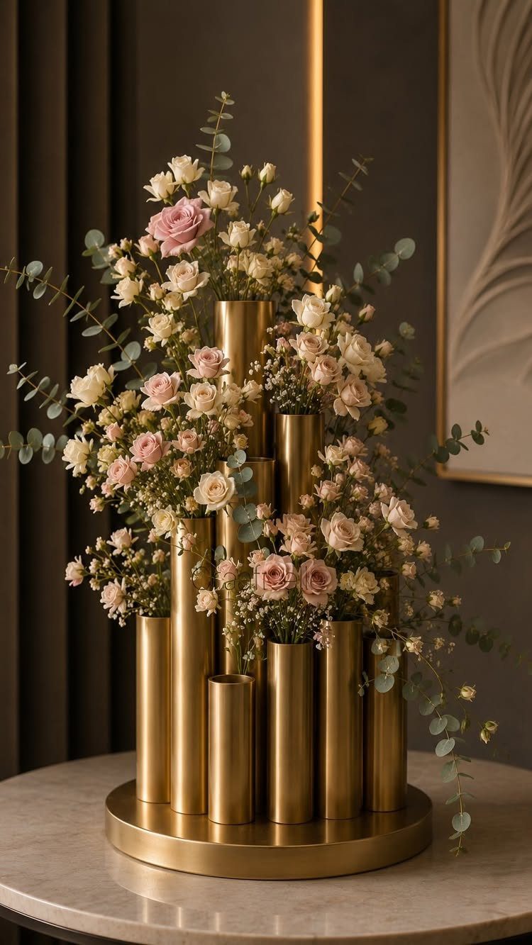 Gold cylindrical vases of different heights holding pink roses and eucalyptus greenery on a marble surface.