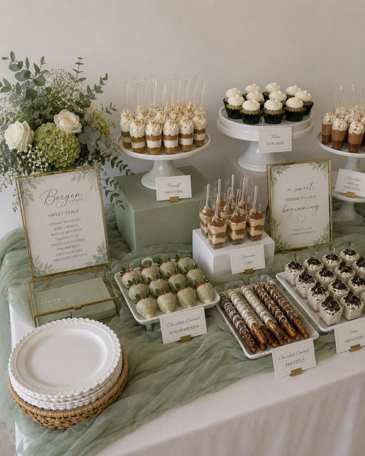 A dessert bar featuring cupcakes, cake pops, and strawberries on a table with green fabric.