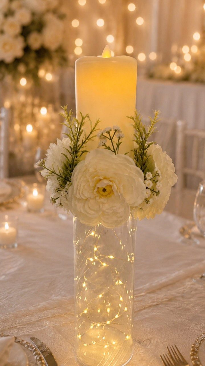 A white pillar candle surrounded by flowers on a glass vase filled with fairy lights.