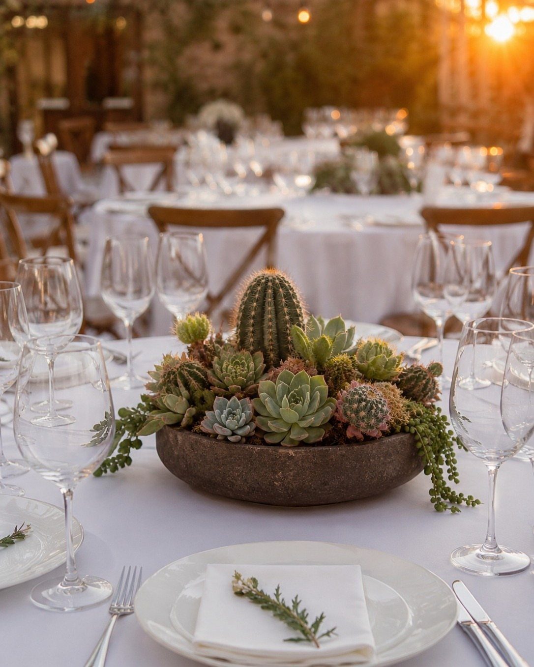 A stone bowl filled with various succulents and a cactus sits on a white wedding table.