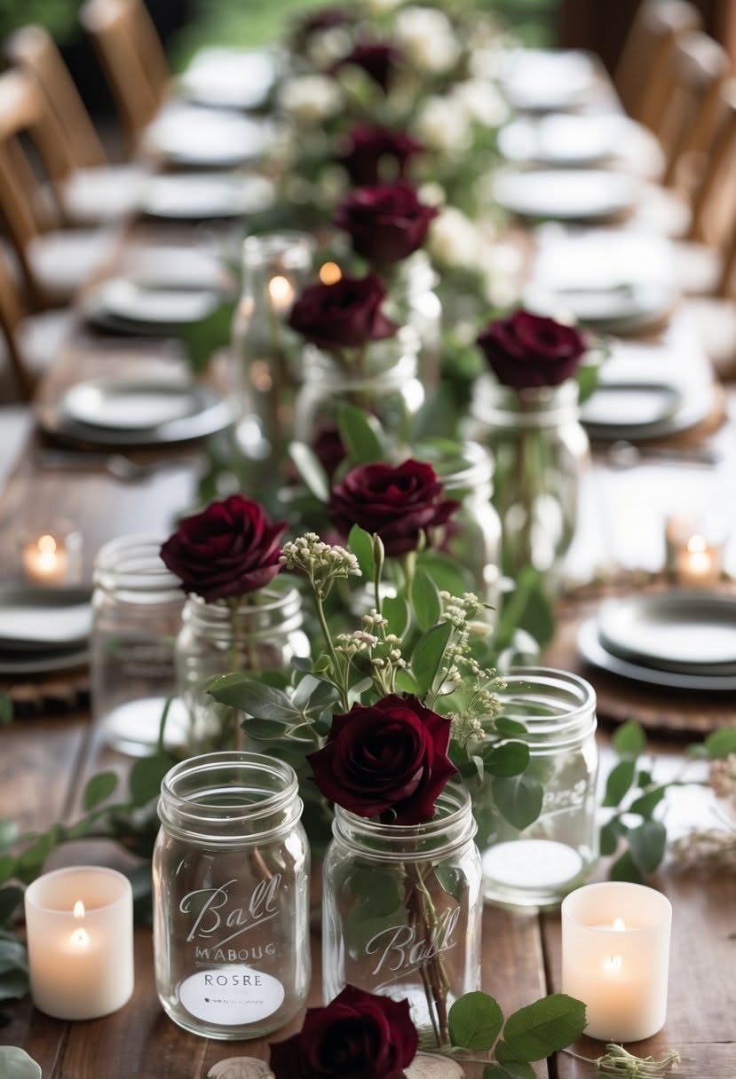 Wedding Decor with Red Roses: 9 Concepts from Pew Markers to Car Details 6 Red roses in glass mason jars arranged as a centerpiece on a long wooden wedding table.