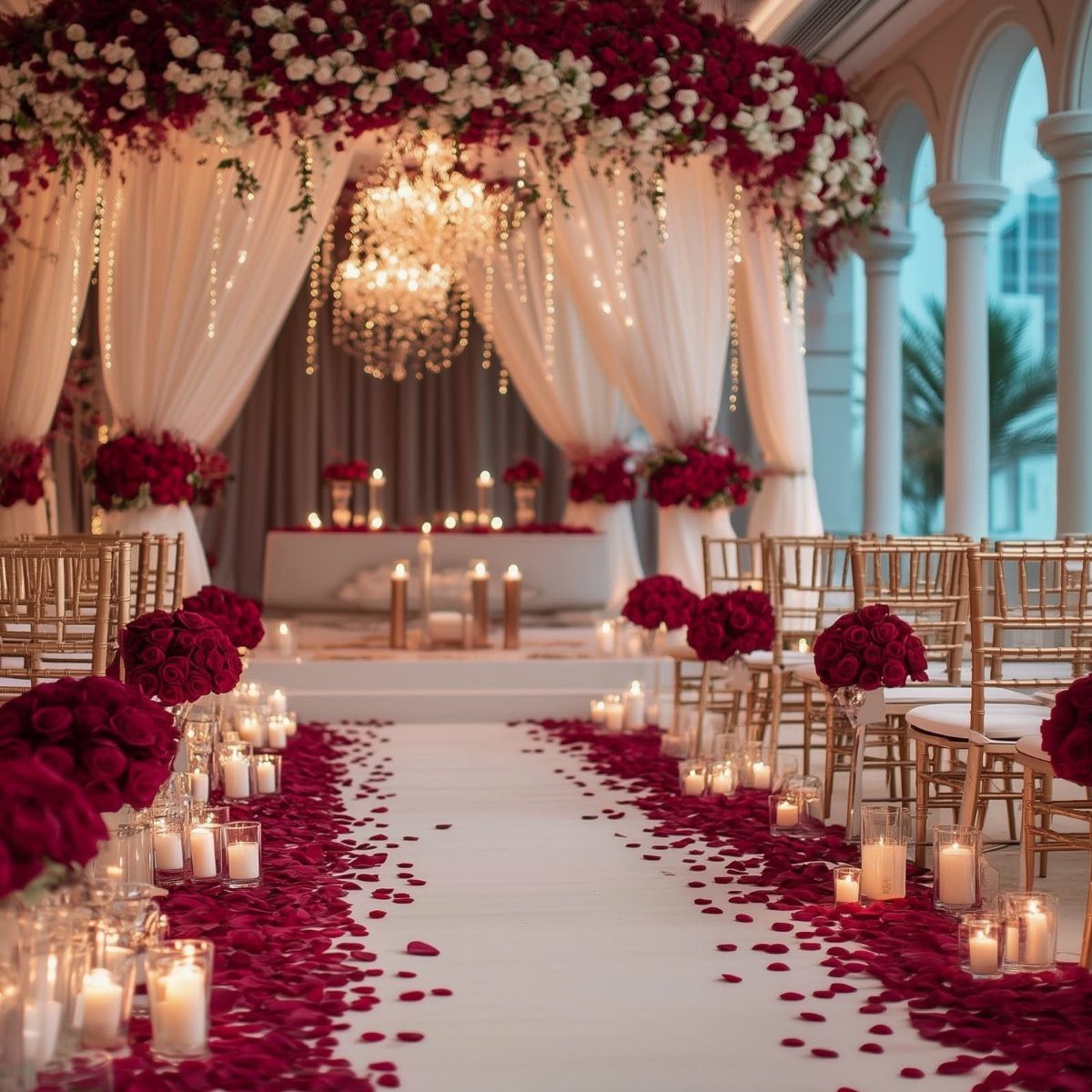 Wedding Decor with Red Roses: 9 Concepts from Pew Markers to Car Details 1 Red rose petals and glowing white candles line a white wedding aisle walkway.
