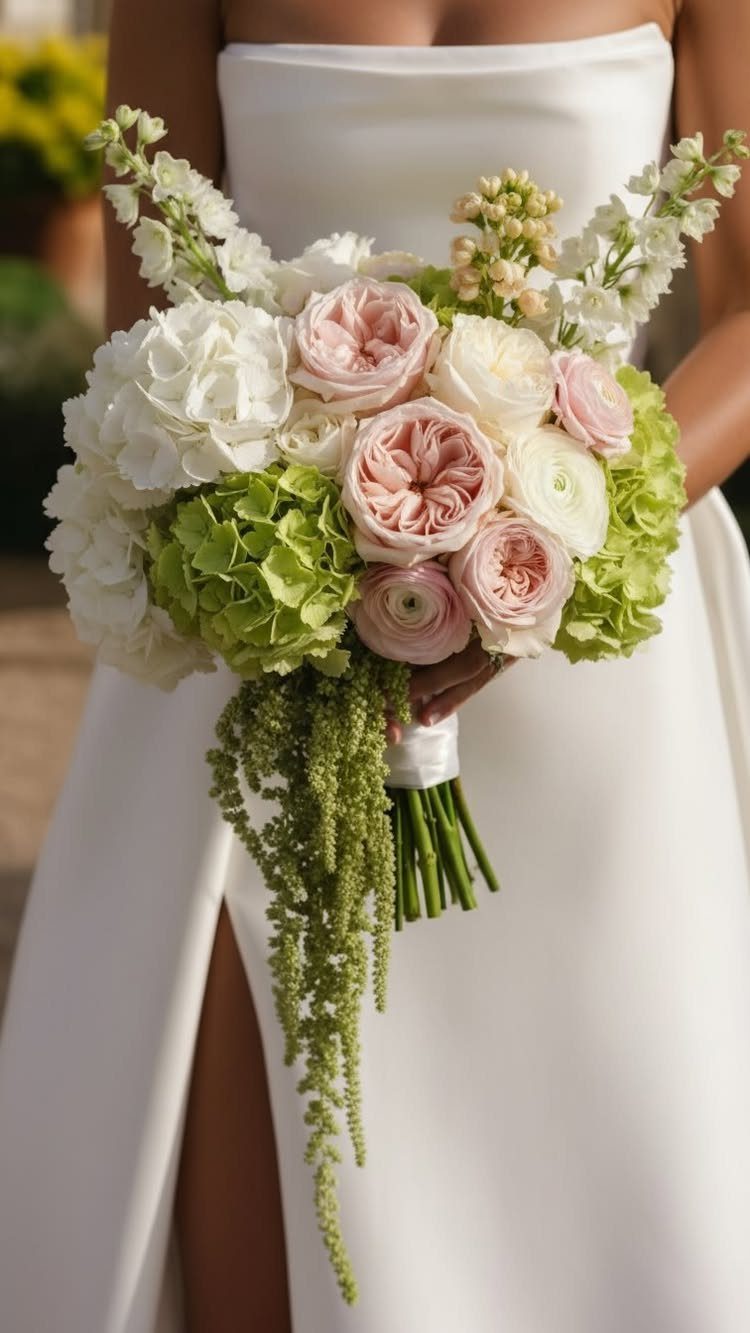 A bride holding a large bouquet of pink roses, white hydrangeas, and cascading green amaranthus.