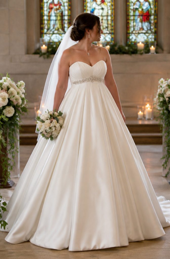 A bride in a ball gown with an empire waist, flowing to the floor.