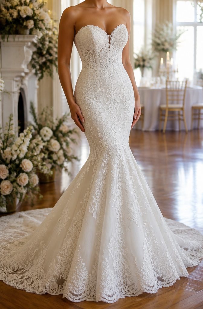 A bride in a mermaid wedding dress showcasing her hourglass figure.