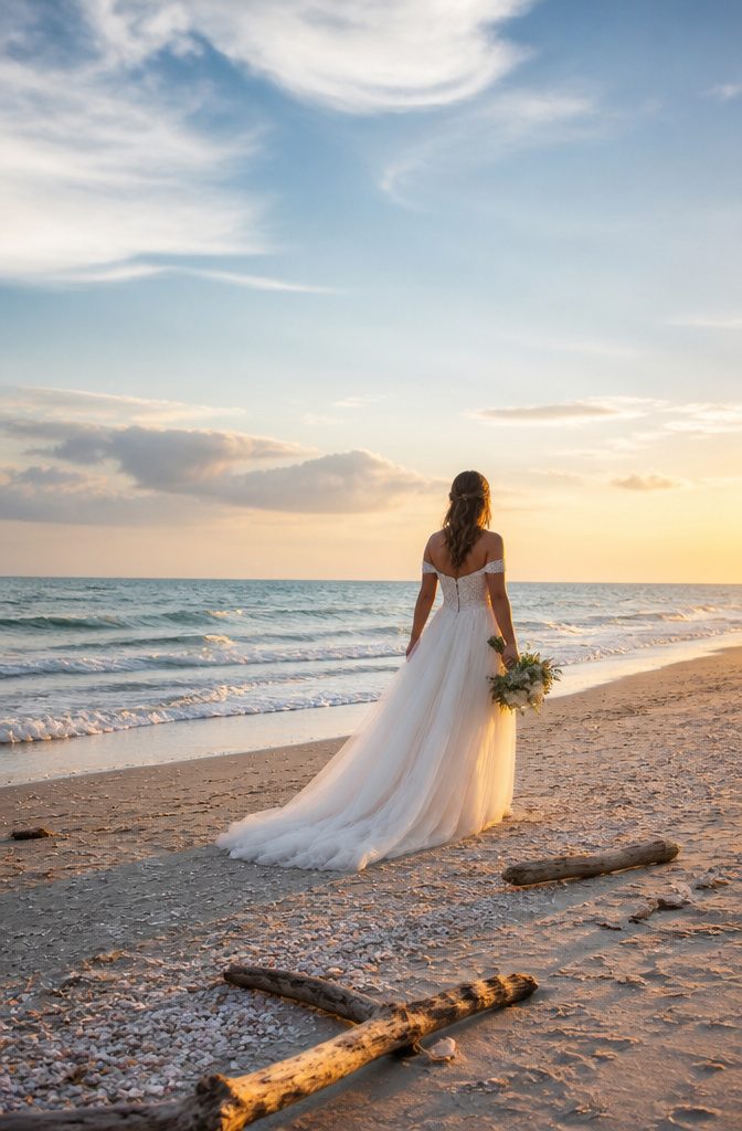 A bride in an A-line wedding dress that flares gently from the waist.