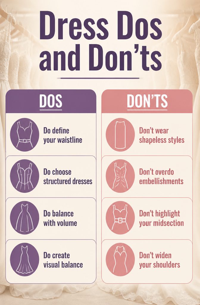 A visual guide highlighting dress dos and don'ts for brides.