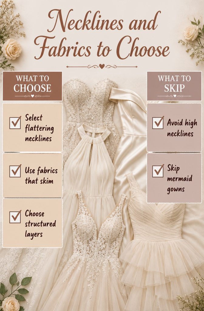 Various necklines and fabrics laid out to illustrate wedding dress choices.
