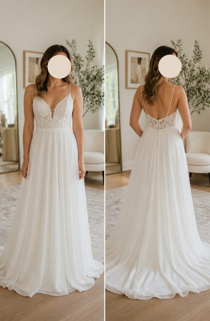A bride in an A-line wedding dress that highlights her silhouette.