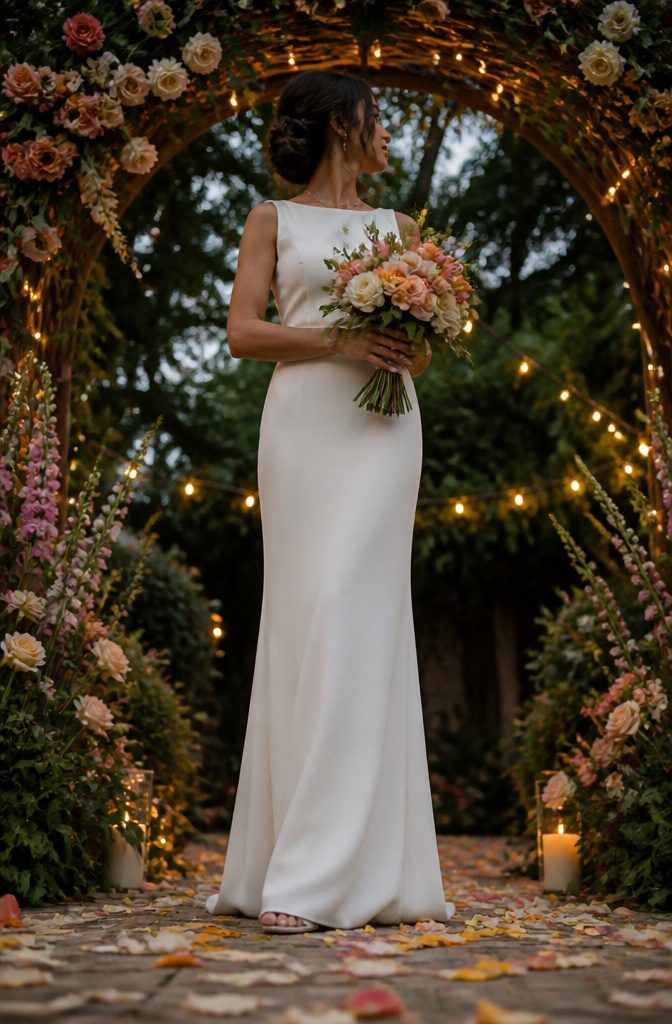 A bride in a sheath wedding dress that runs straight from shoulder to hem.
