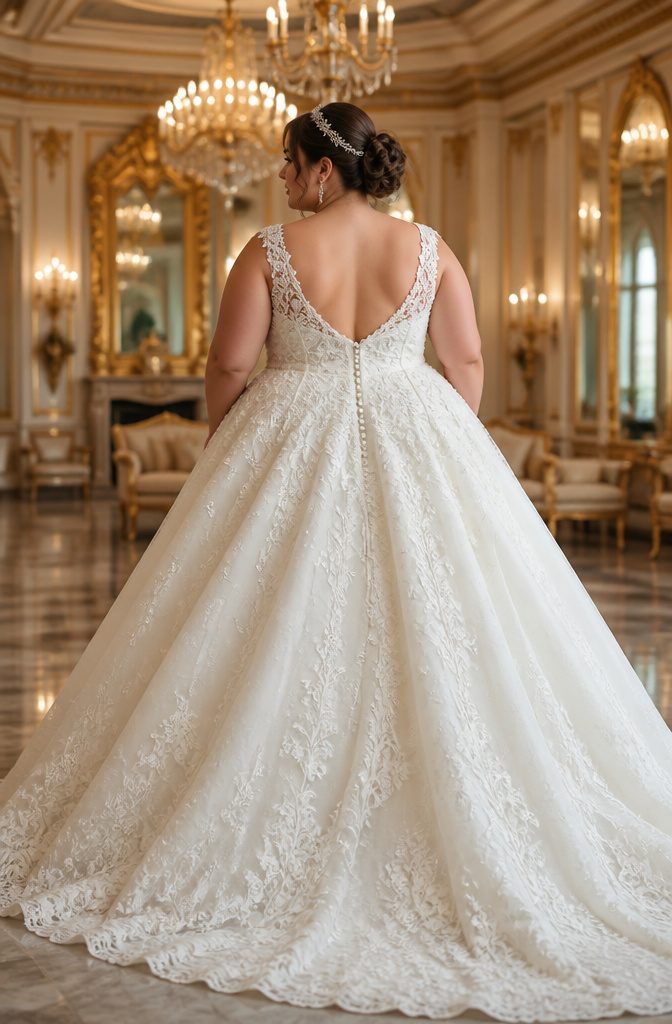 A bride in a fit-and-flare wedding dress that enhances her curves.