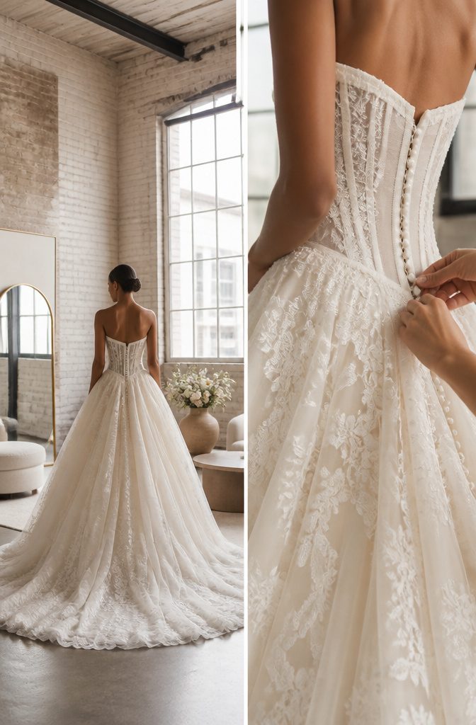 A bride in a ball gown that adds shape to her straight figure.