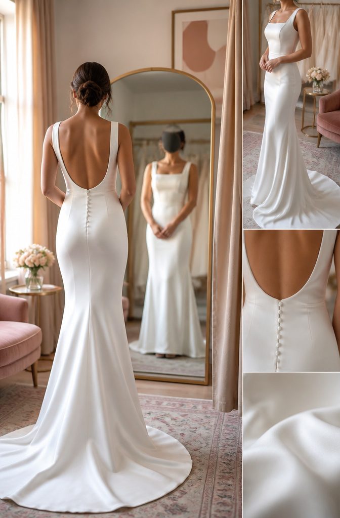 A bride trying on a wedding dress in a salon mirror, showing her silhouette.