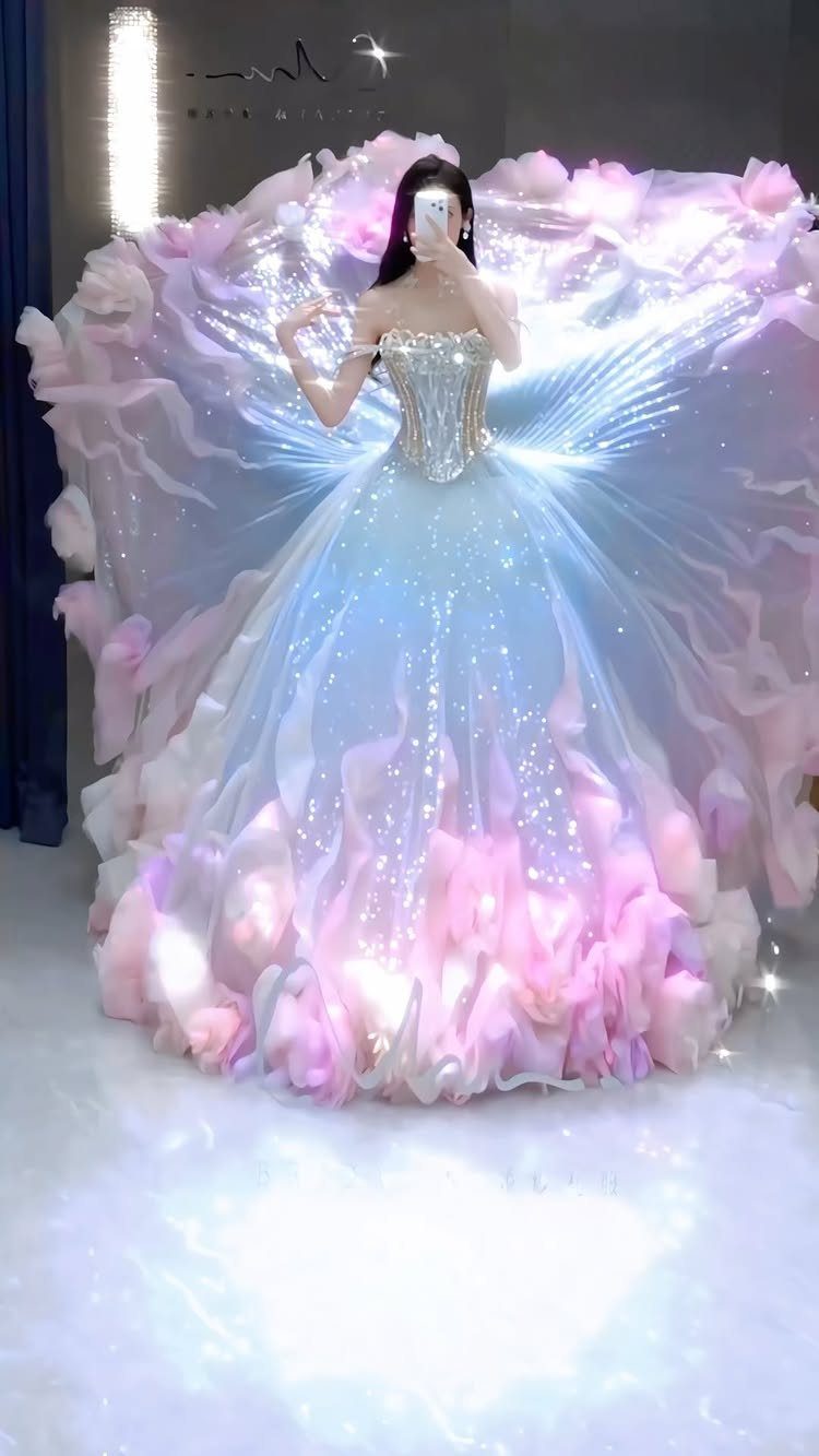 Woman wearing a voluminous pastel pink and blue ruffled fairytale wedding dress with a sparkling bodice.