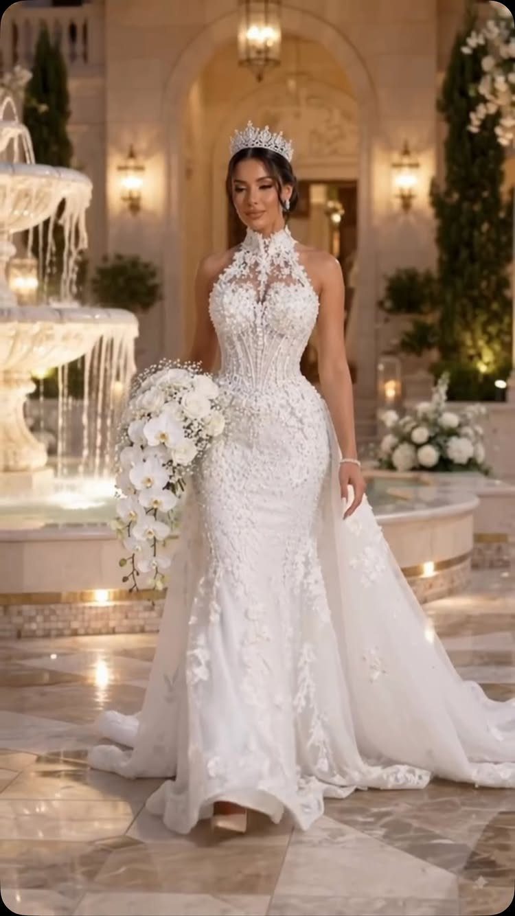 7 Wedding Dresses for Winter Brides That Balance Warmth and Style 7 A woman in a white lace mermaid wedding dress and tiara holding white orchids.