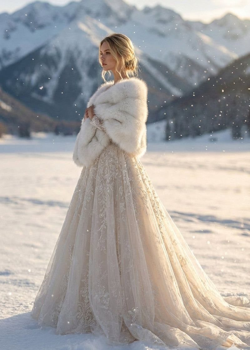 7 Wedding Dresses for Winter Brides That Balance Warmth and Style 5 Woman in a lace wedding dress and white faux fur wrap standing in a snowy mountain landscape.