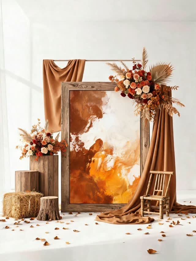 Rustic wedding backdrop with abstract art, terracotta fabric, dried flowers, and a small wooden chair.
