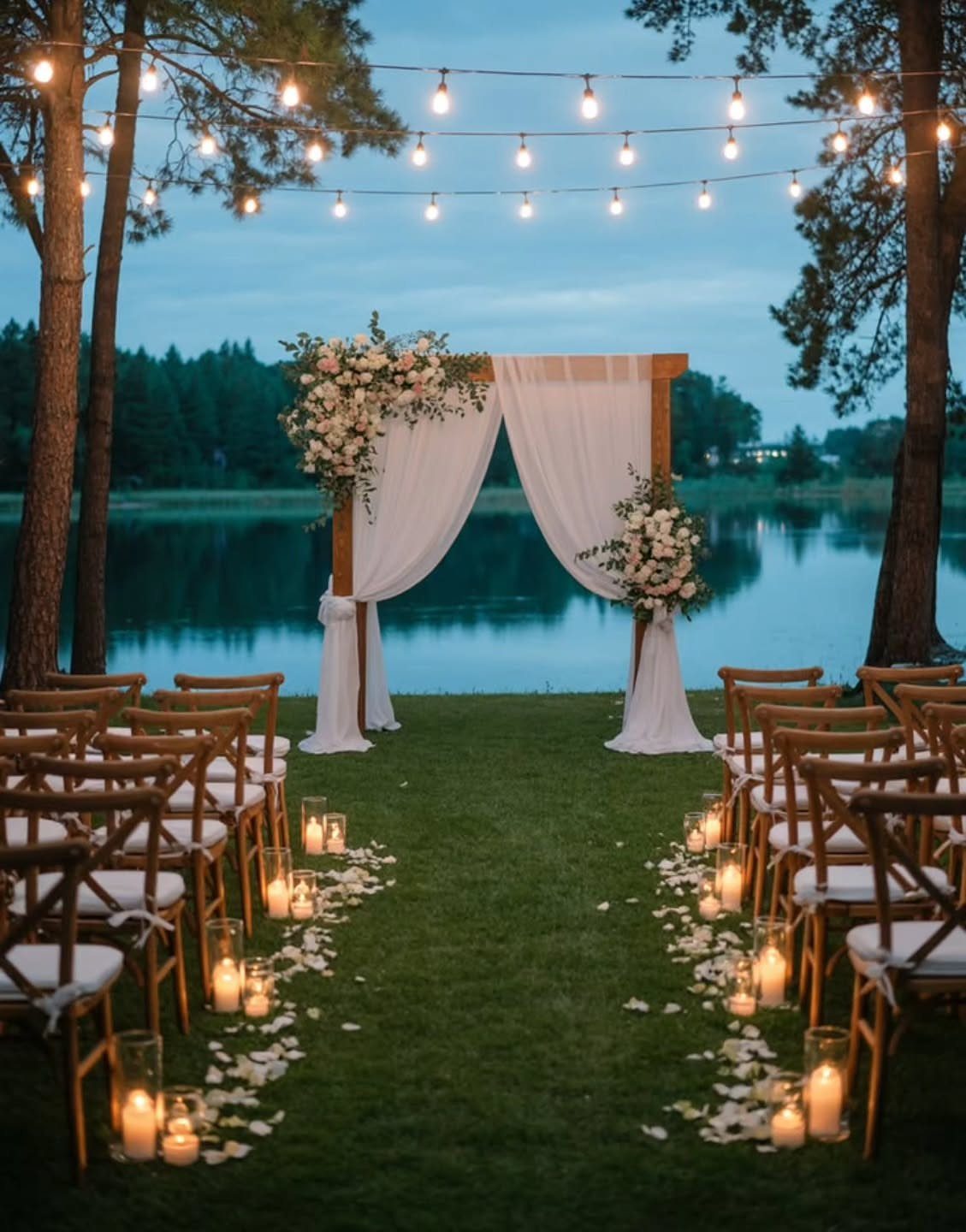 A wooden wedding arch with white fabric and flowers overlooking a calm lake at twilight.