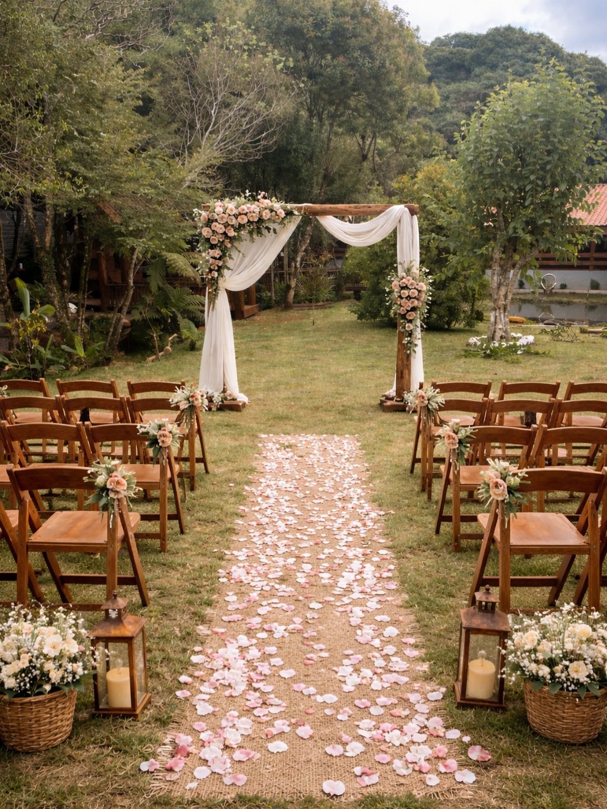 Wooden wedding ceremony setup with an arch, chairs, and a petal-strewn burlap aisle runner.