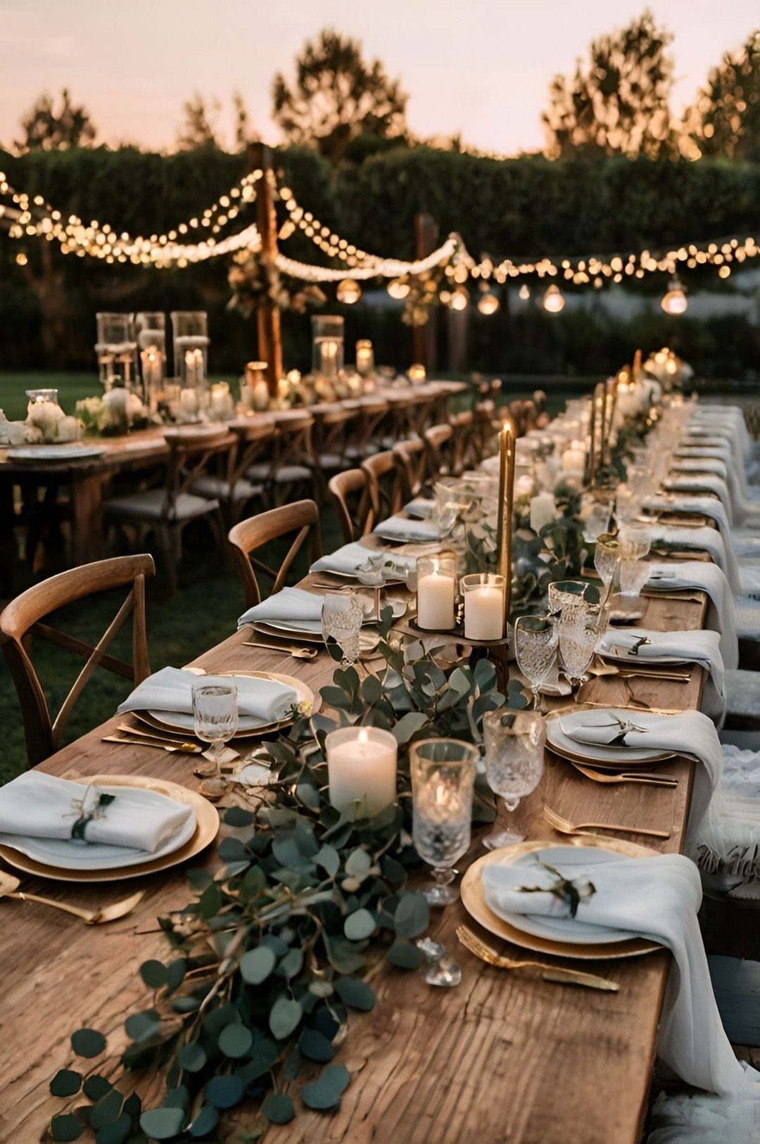 Long wooden dining table decorated with greenery, white candles, and elegant place settings under hanging string lights.