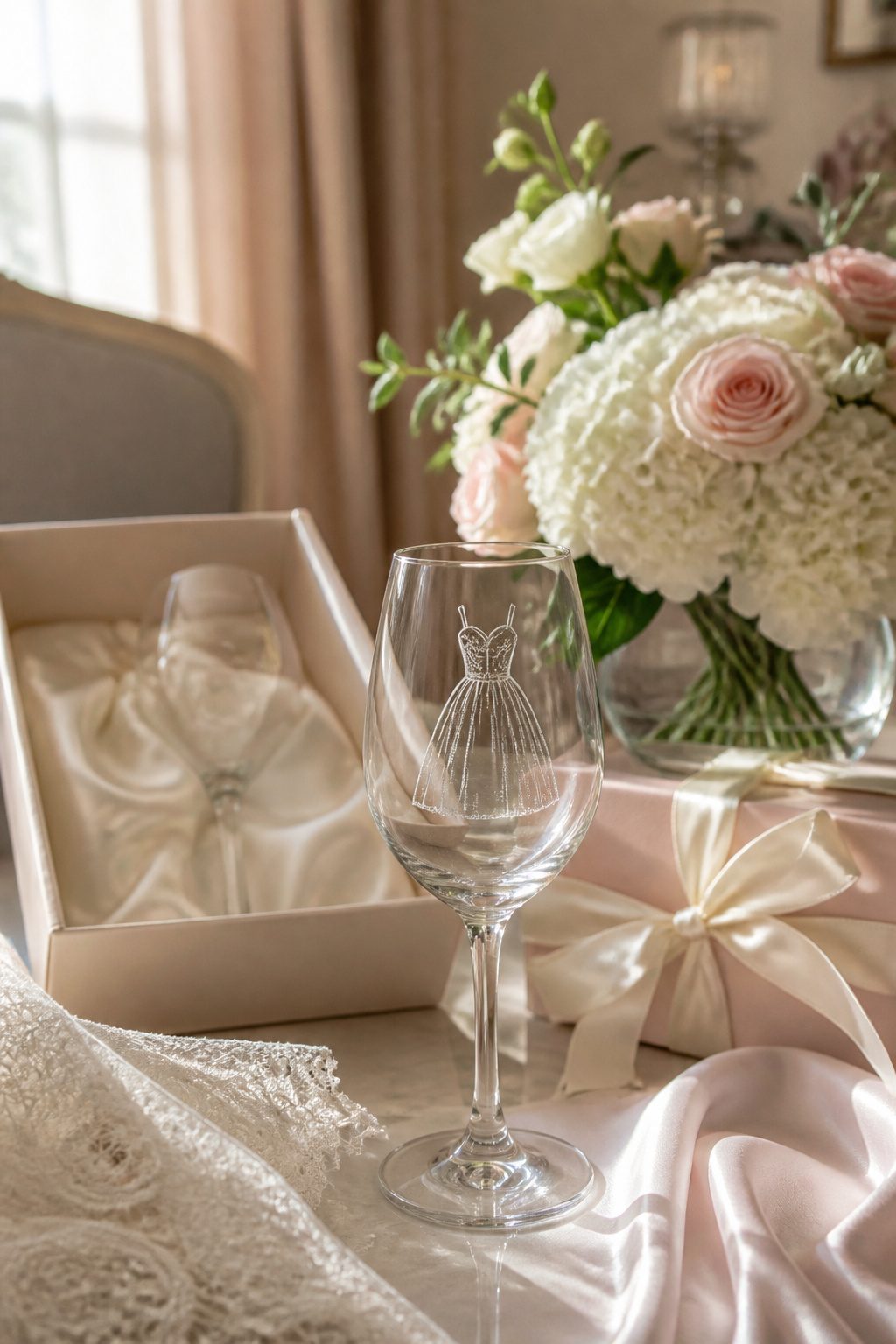 Wedding Glass Design: Personalized Glassware for Your Celebration 8 A personalized bridesmaid wine glass with floral engravings on a table.