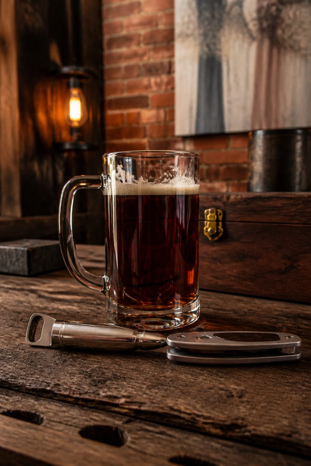 Wedding Glass Design: Personalized Glassware for Your Celebration 14 A personalized beer mug set with accessories on a rustic table.