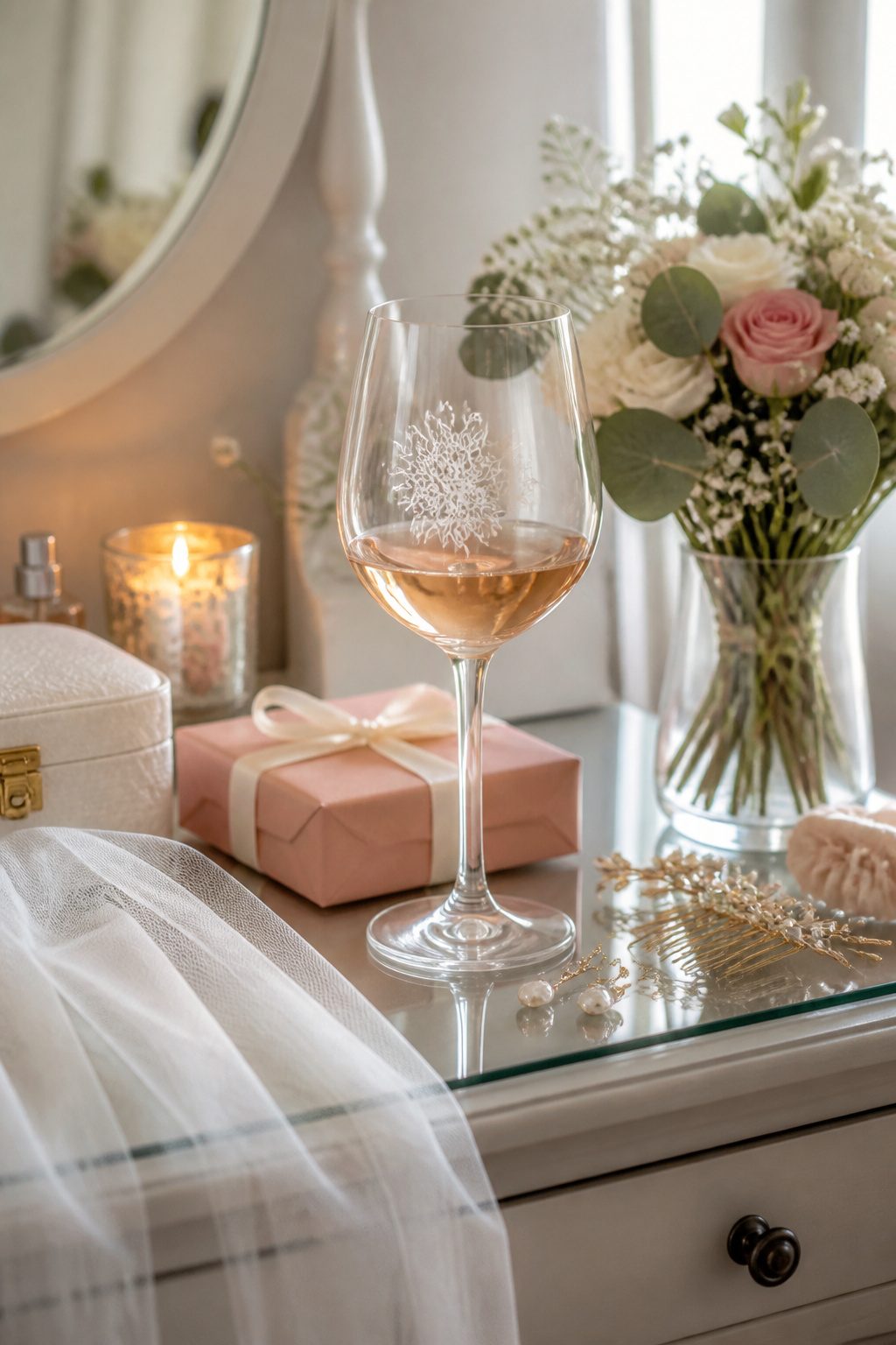 Wedding Glass Design: Personalized Glassware for Your Celebration 12 An engraved bridesmaid wine glass beside a small bouquet.