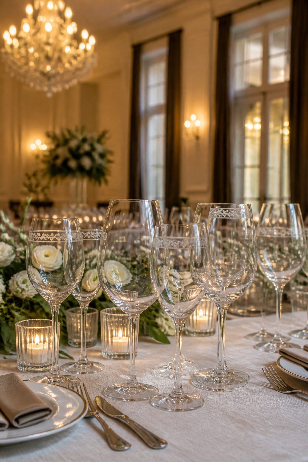Wedding Glass Design: Personalized Glassware for Your Celebration 16 An array of classic personalized wine glasses on a banquet table.