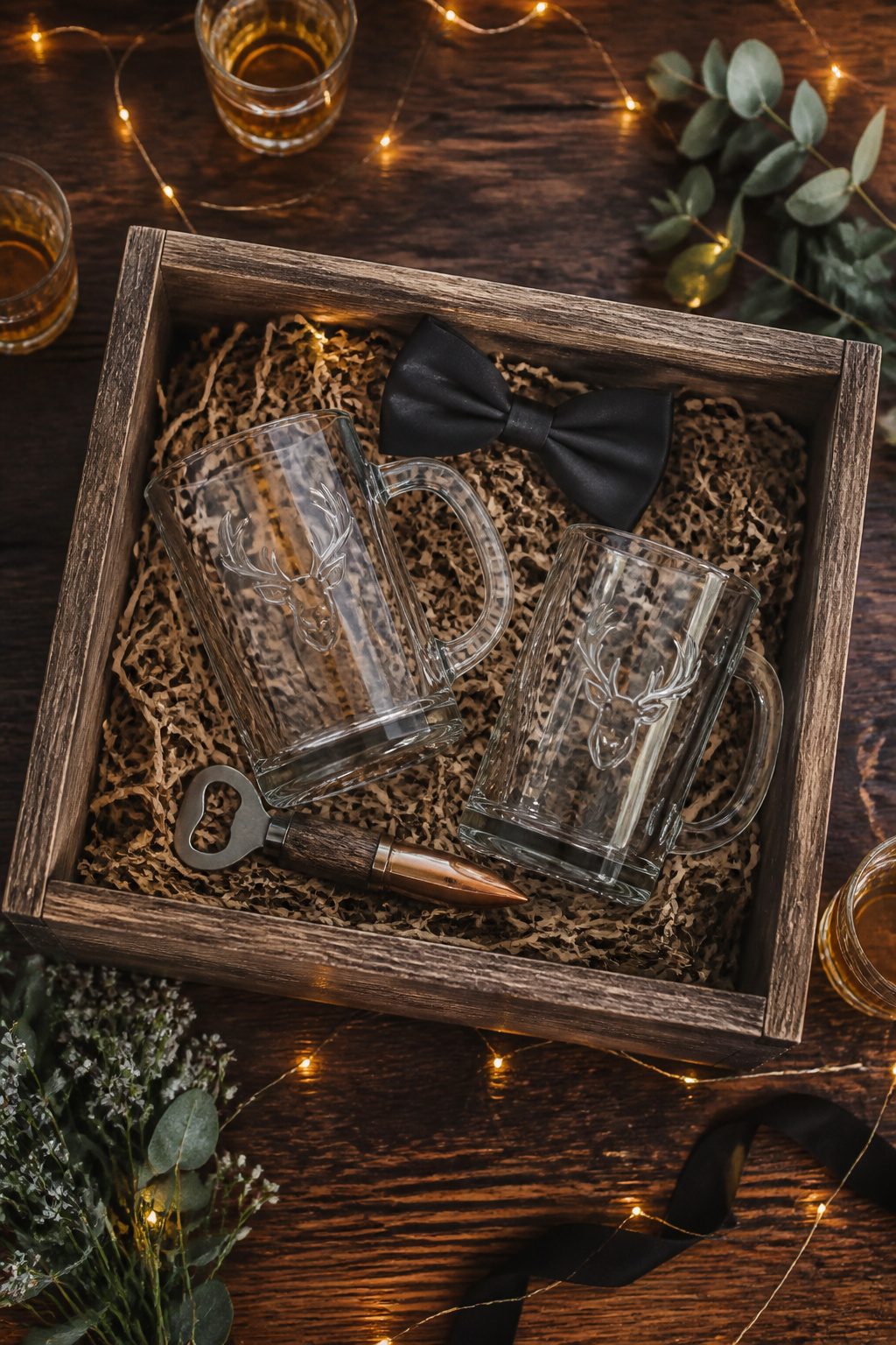 Wedding Glass Design: Personalized Glassware for Your Celebration 18 A personalized beer mug set arranged with accessories.