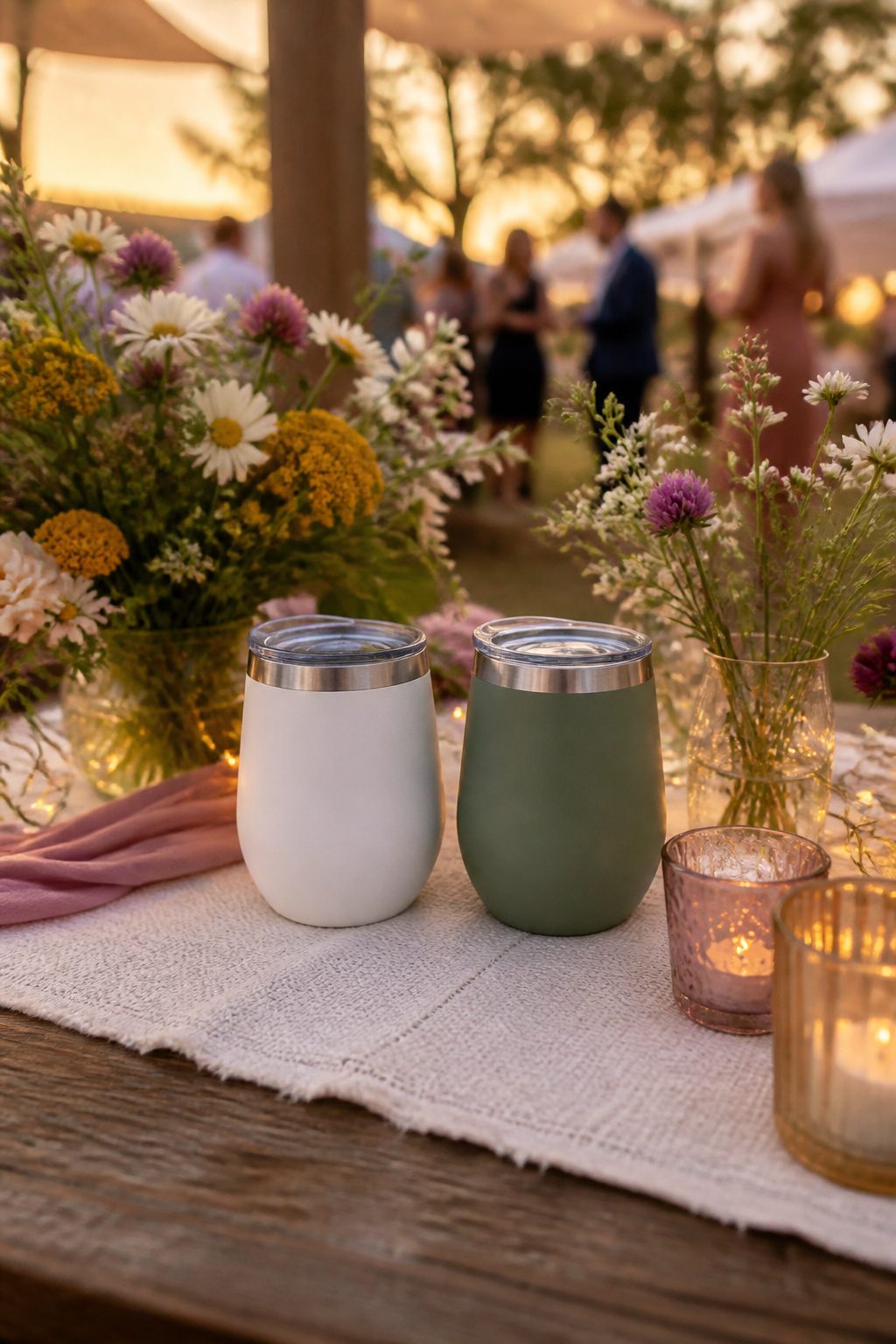 Wedding Glass Design: Personalized Glassware for Your Celebration 13 Two insulated wine tumblers with engraved names on a rustic table.