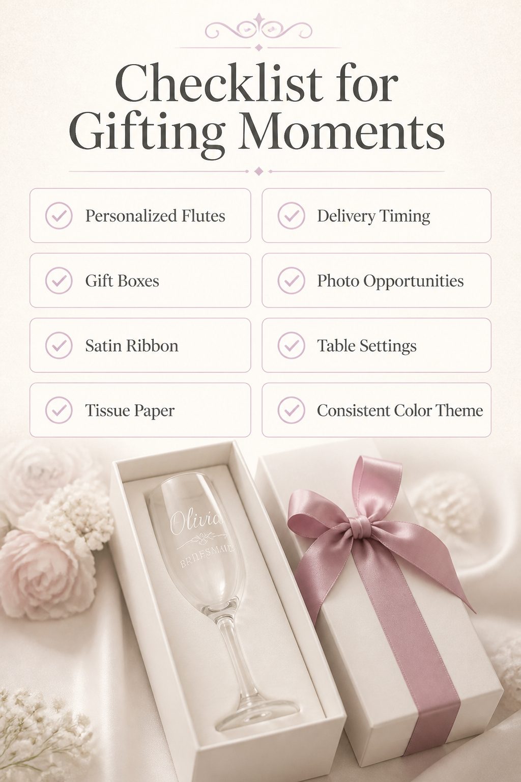 Wedding Glass Design: Personalized Glassware for Your Celebration 21 A checklist for gifting moments related to wedding glassware.