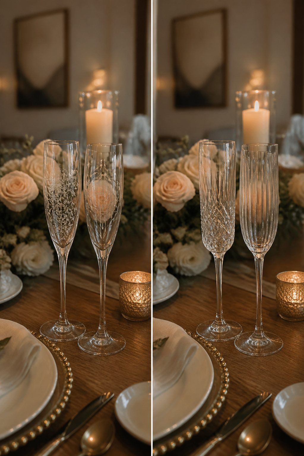 Wedding Glass Design: Personalized Glassware for Your Celebration 3 Two personalized flutes engraved with names and date on a table.