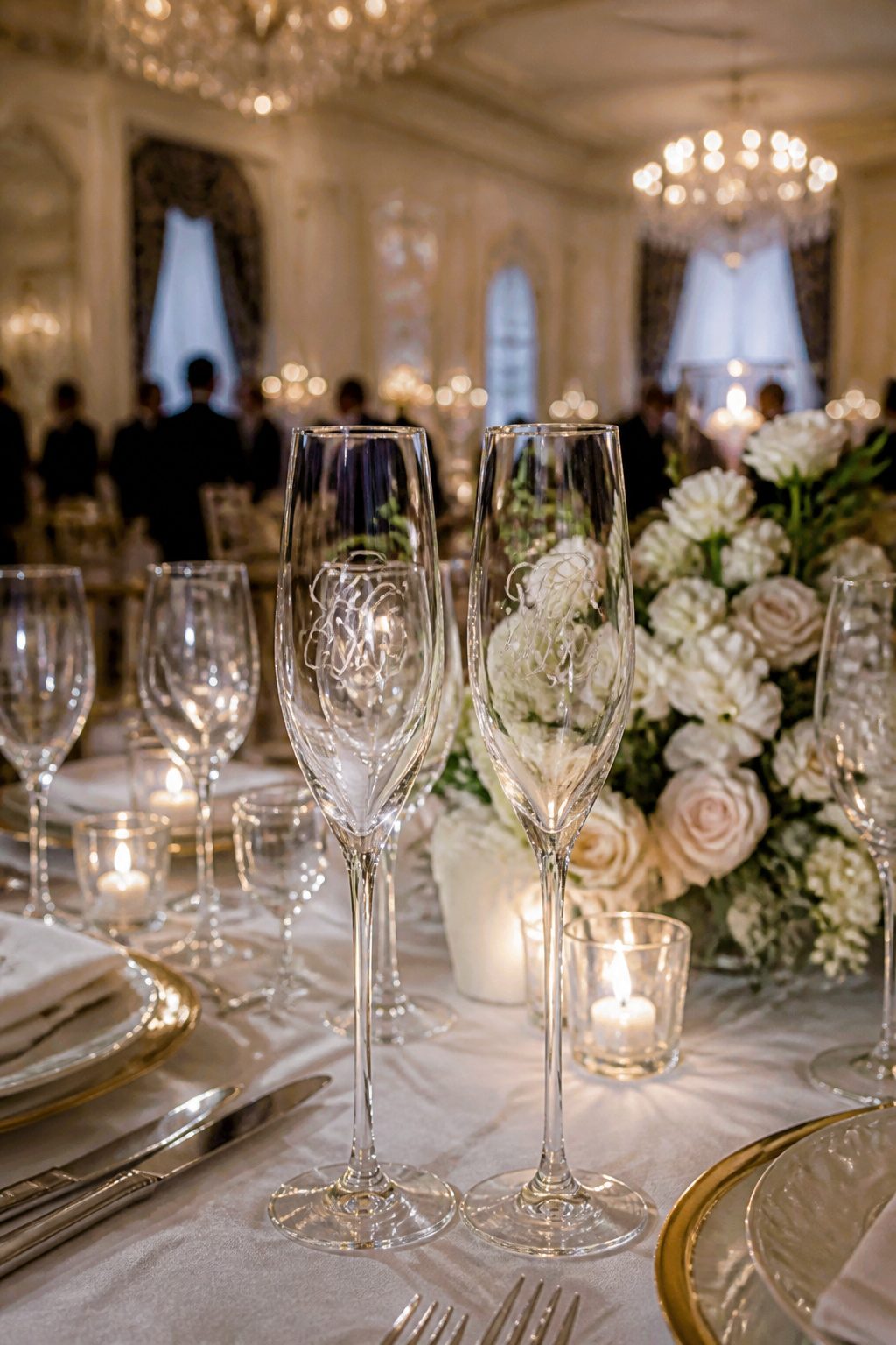 Wedding Glass Design: Personalized Glassware for Your Celebration 9 Two monogrammed champagne flutes on a finely set banquet table.