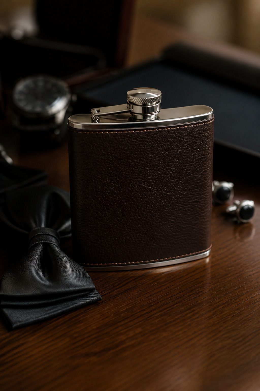Wedding Glass Design: Personalized Glassware for Your Celebration 15 A stainless steel monogrammed flask with a leather wrap.
