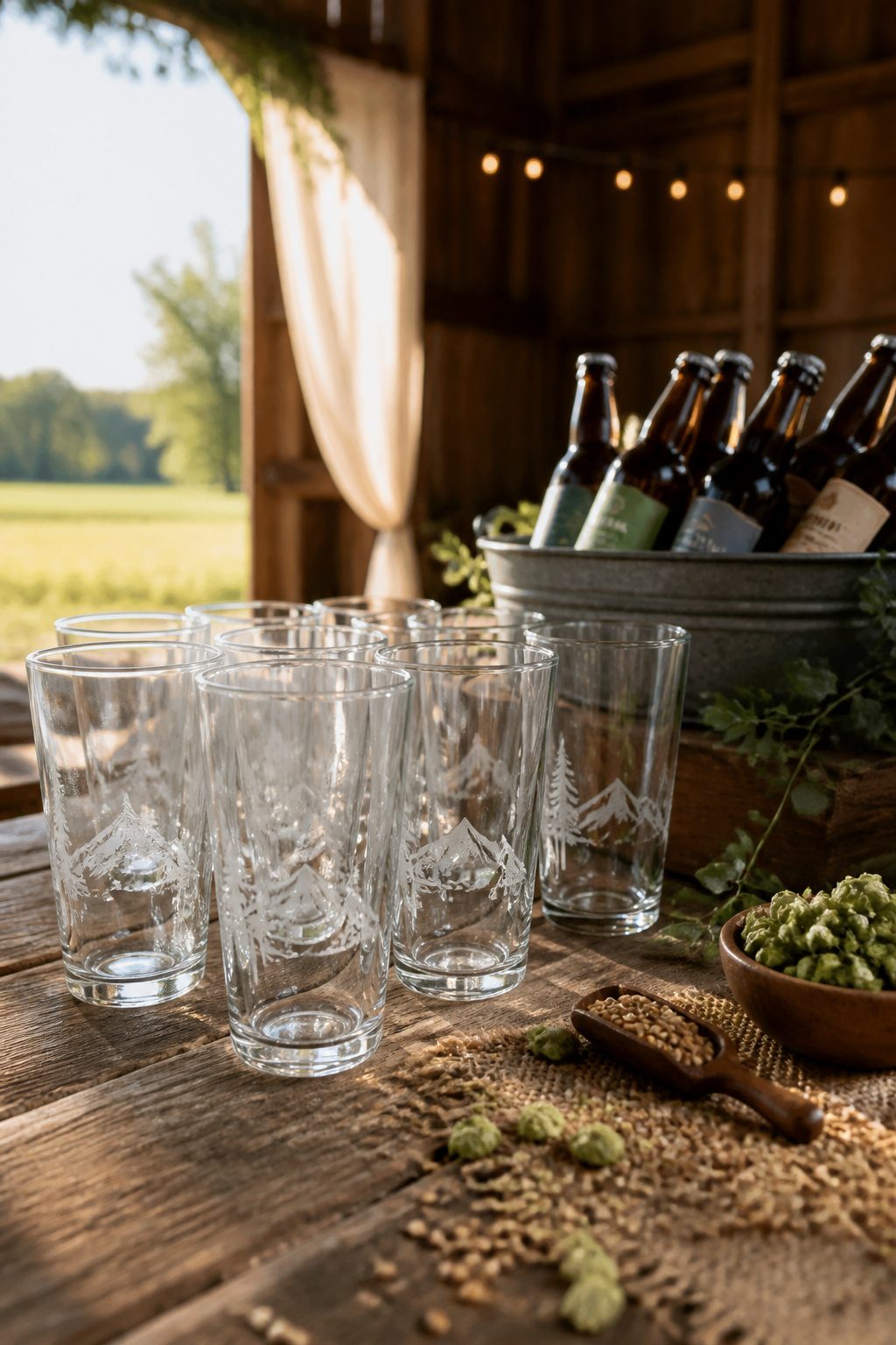 Wedding Glass Design: Personalized Glassware for Your Celebration 2 A collection of engraved pint glasses on a wooden table.
