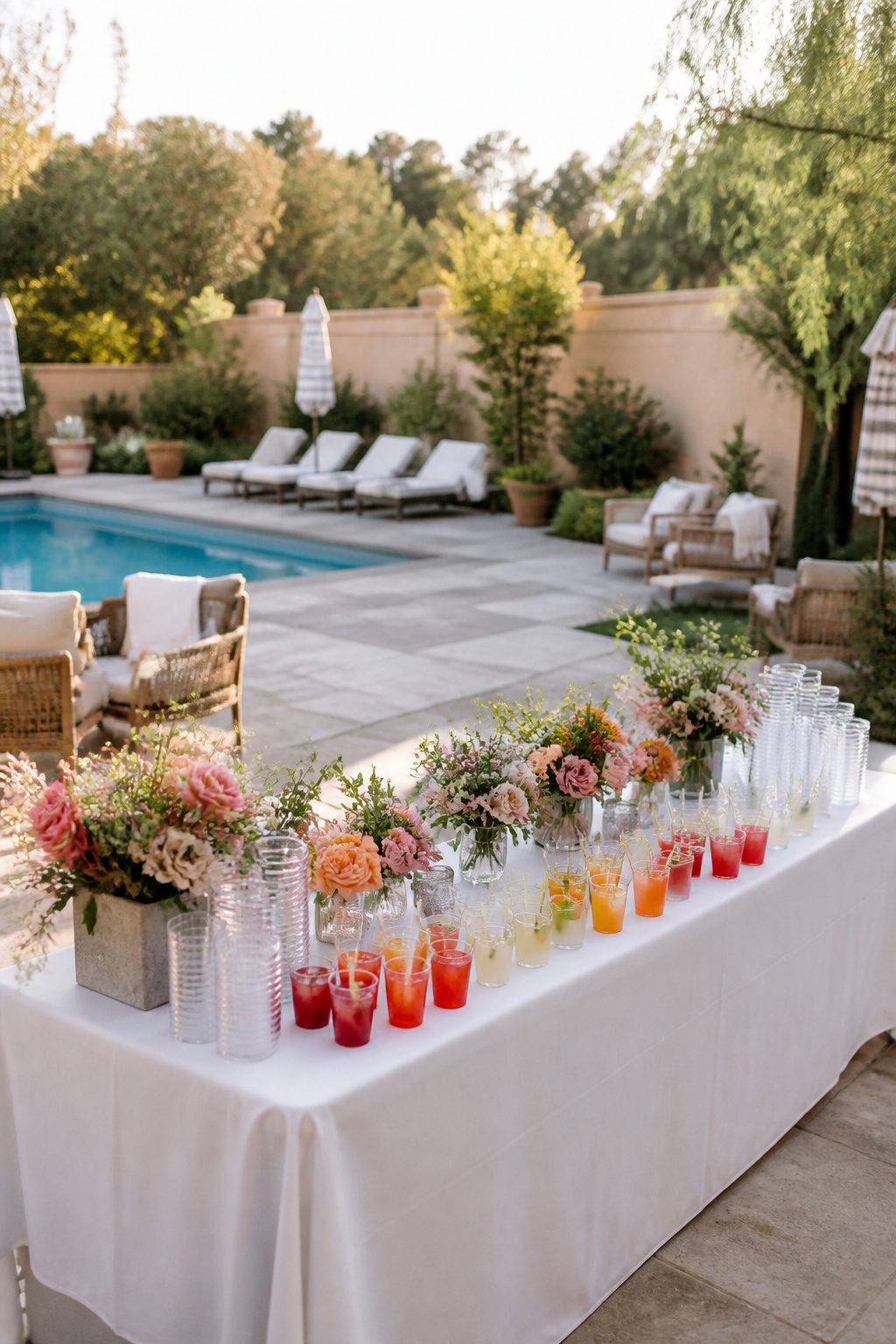 A variety of clear acrylic glasses displayed for an outdoor wedding.