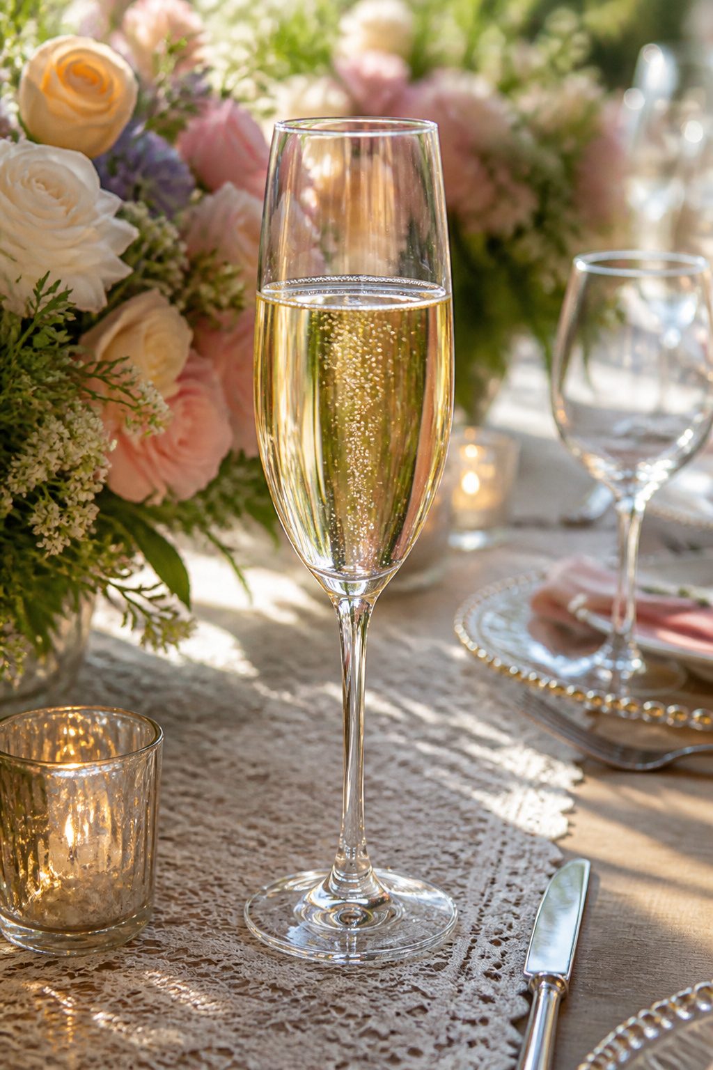 A close-up of champagne flutes arranged neatly on a table.