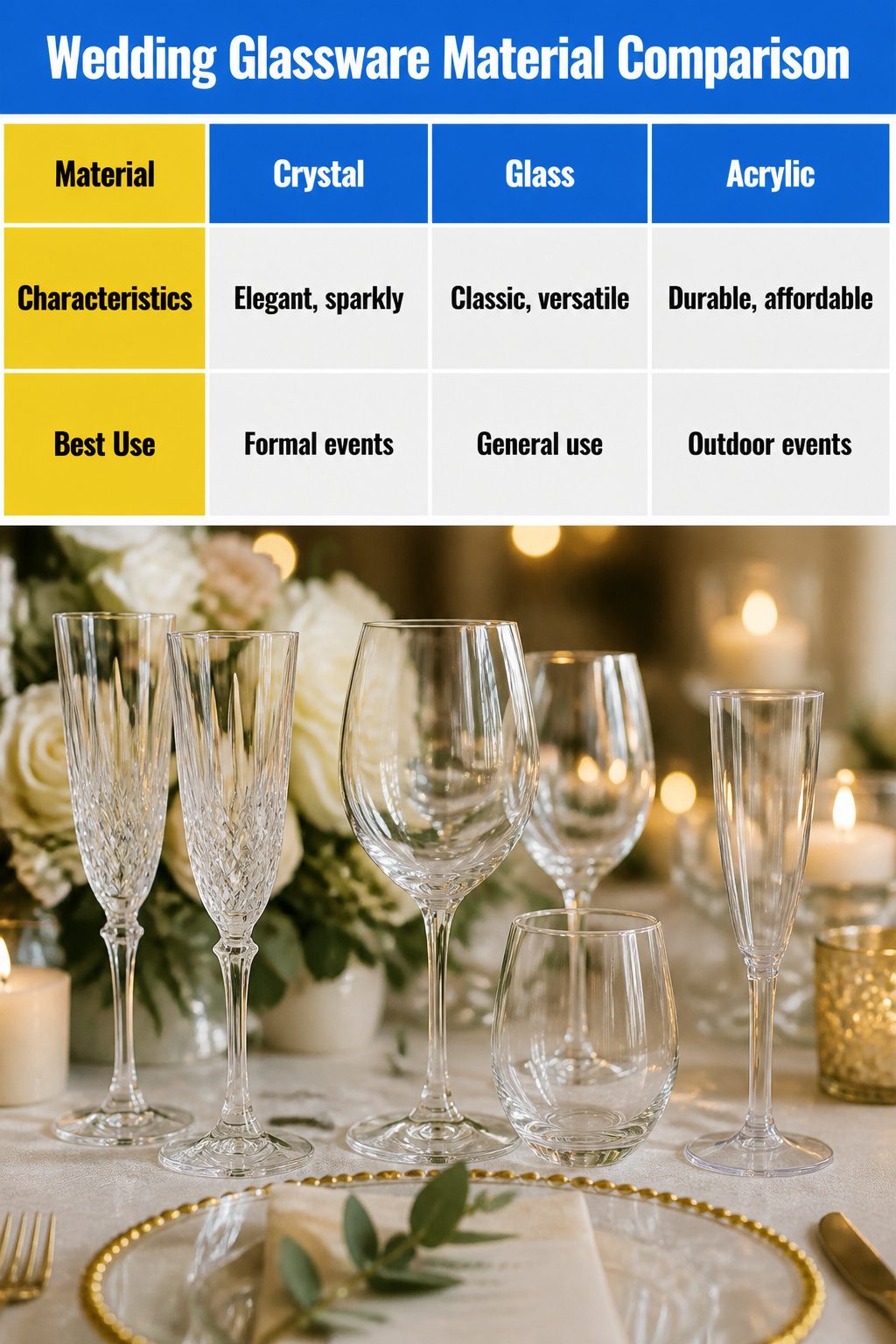 An infographic comparing wedding glassware materials and their characteristics.