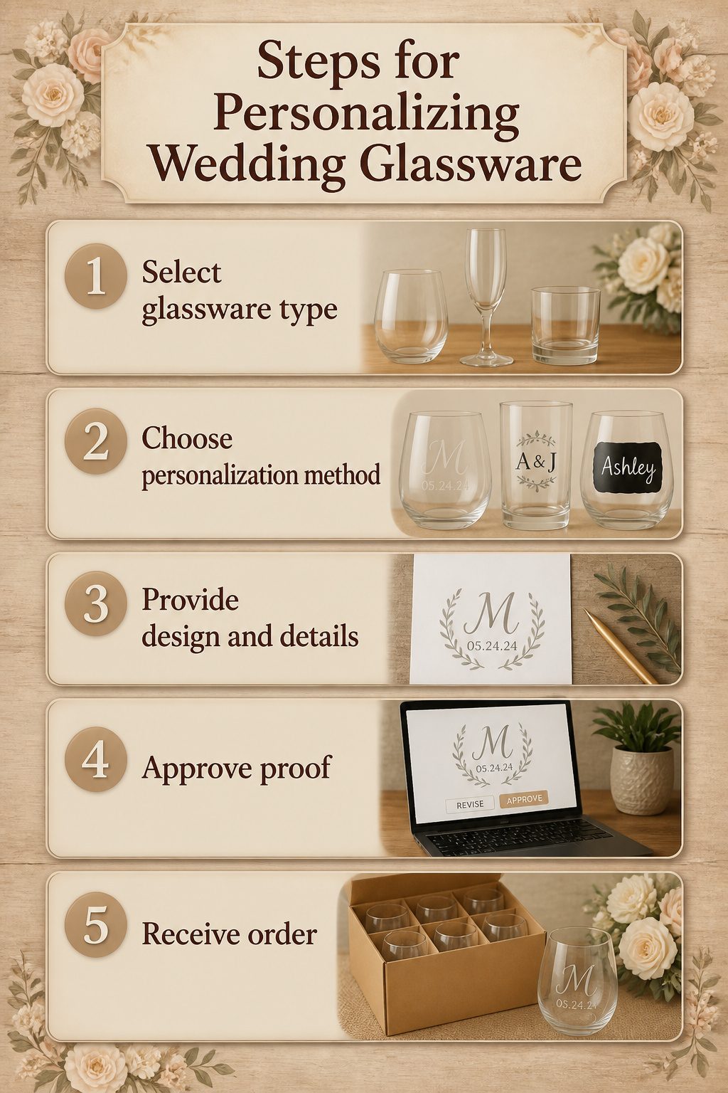 An illustration of personalization methods for wedding glassware.