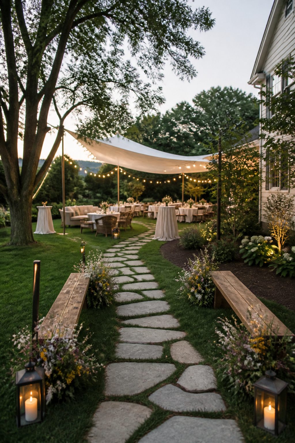 7 Garden Wedding Ideas for Every Season and Setting 4 A backyard wedding setup with seating and decorations in an outdoor space.