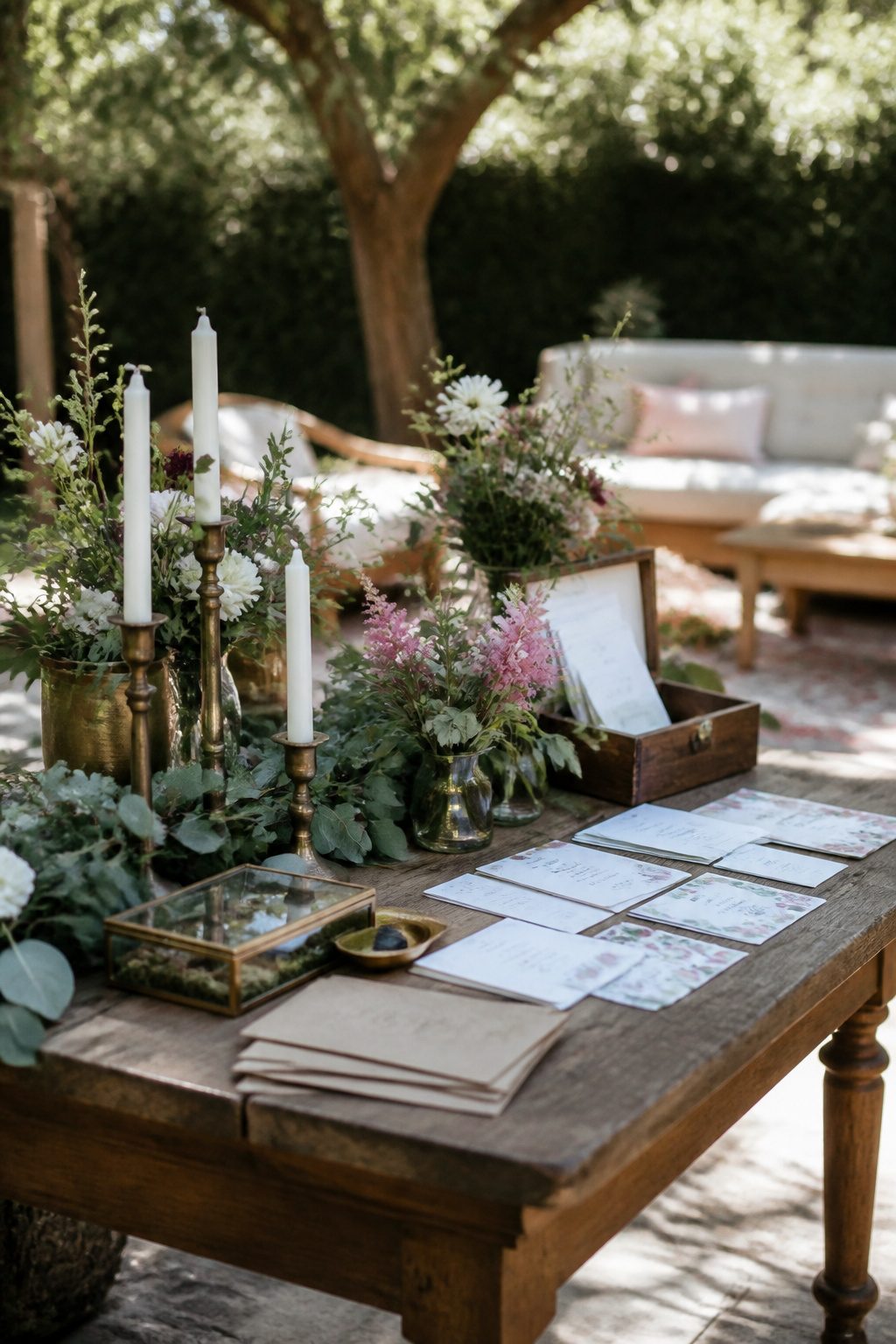 7 Garden Wedding Ideas for Every Season and Setting 3 A table with handmade invitations and floral arrangements for a wedding.