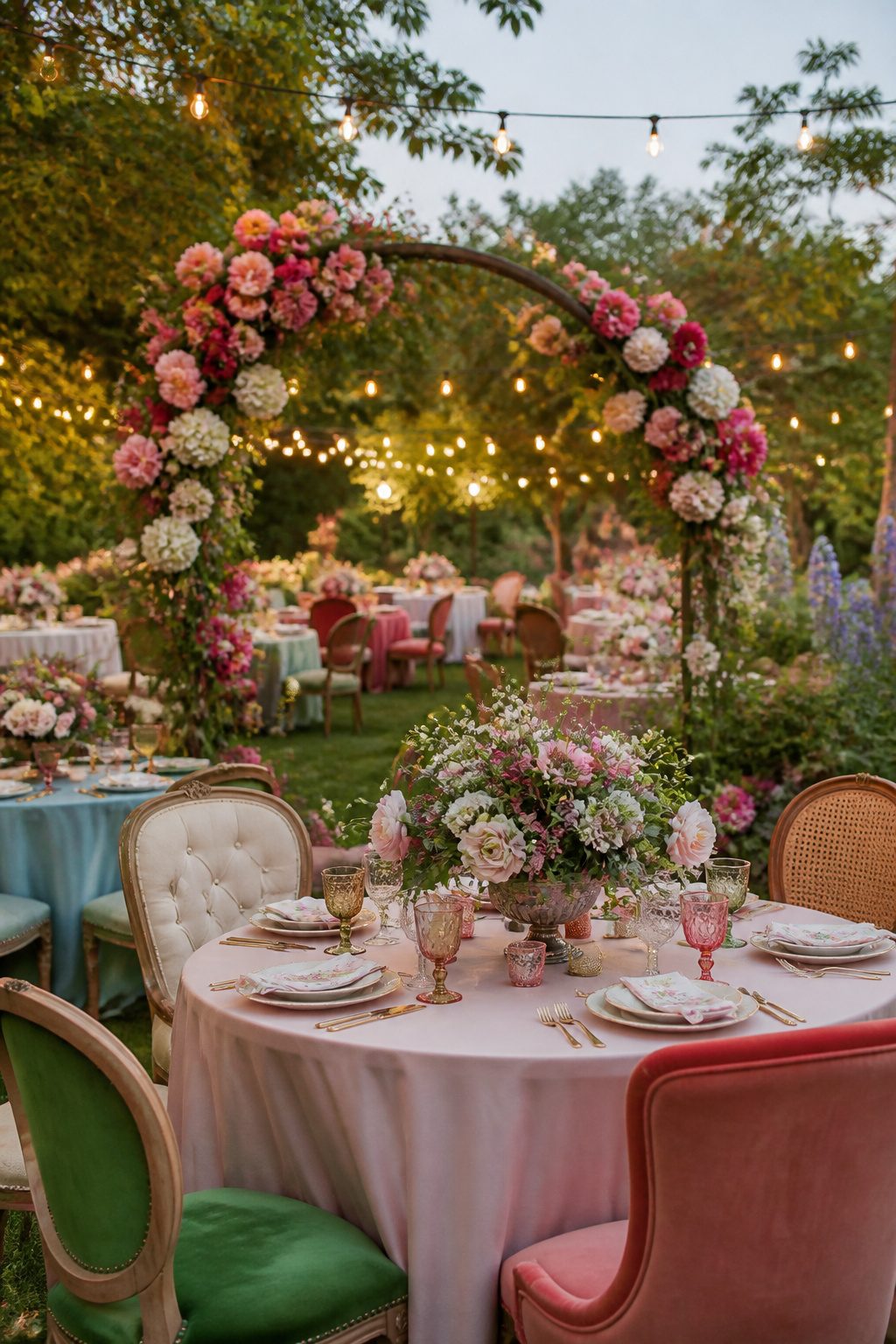 7 Garden Wedding Ideas for Every Season and Setting 1 A garden party wedding with colorful floral decorations and vintage furniture.