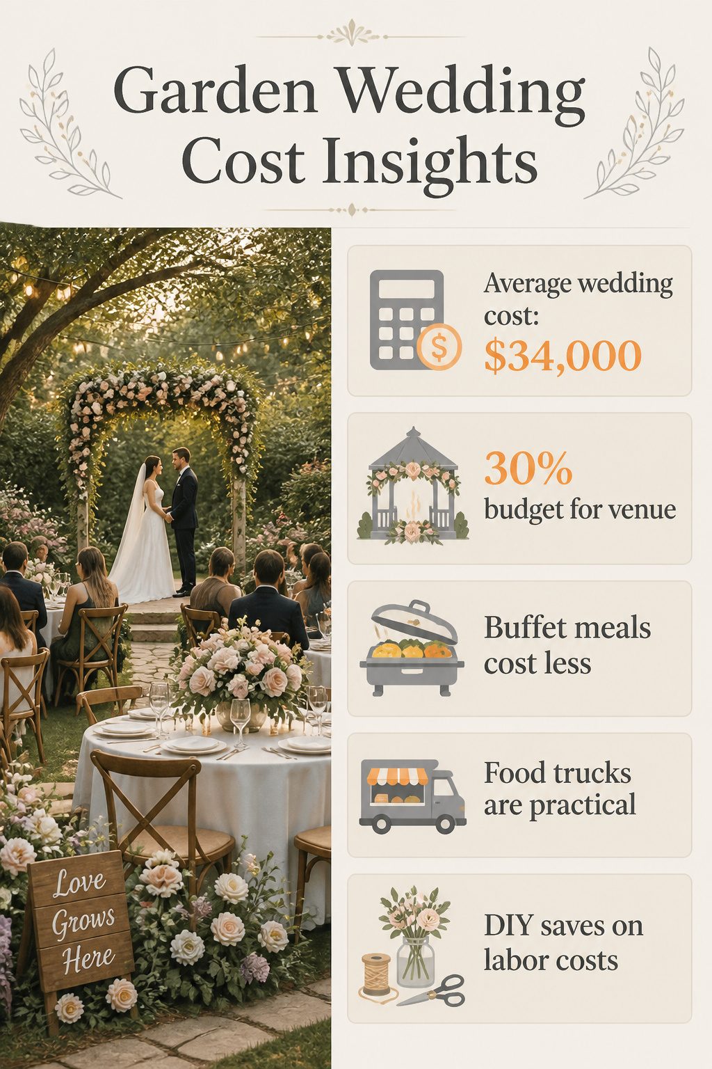 7 Garden Wedding Ideas for Every Season and Setting 12 A graphic showing insights into garden wedding costs and budgeting.