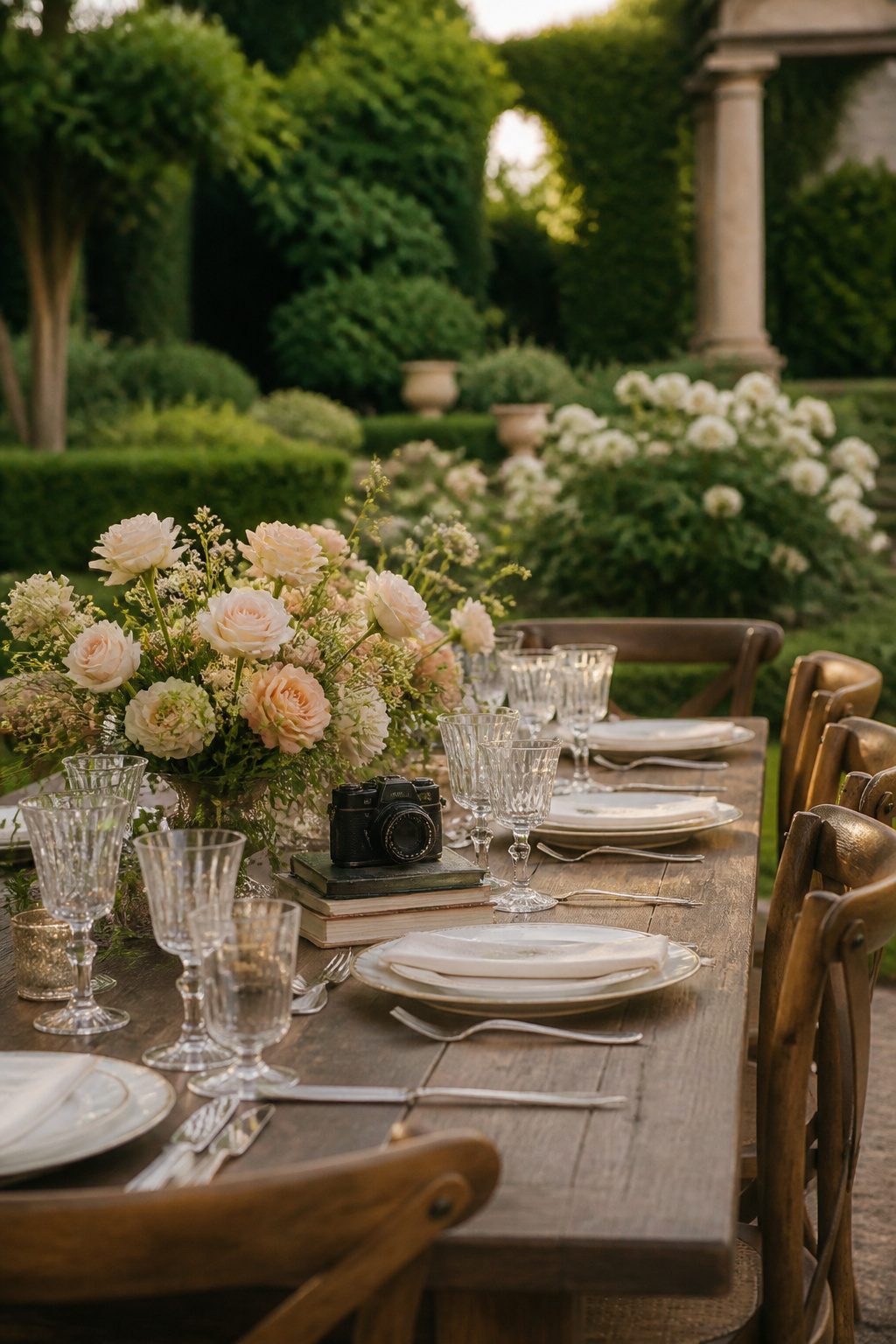 7 Garden Wedding Ideas for Every Season and Setting 10 A table set with heirloom crystal and roses for a wedding reception.