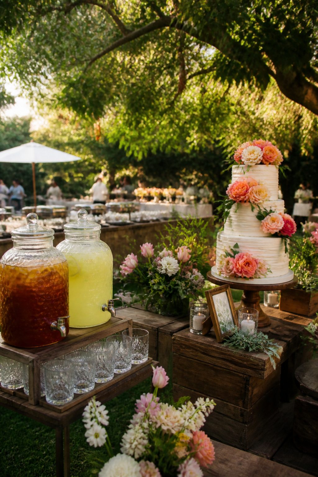 7 Garden Wedding Ideas for Every Season and Setting 7 A garden reception with buffet stations and floral table arrangements.