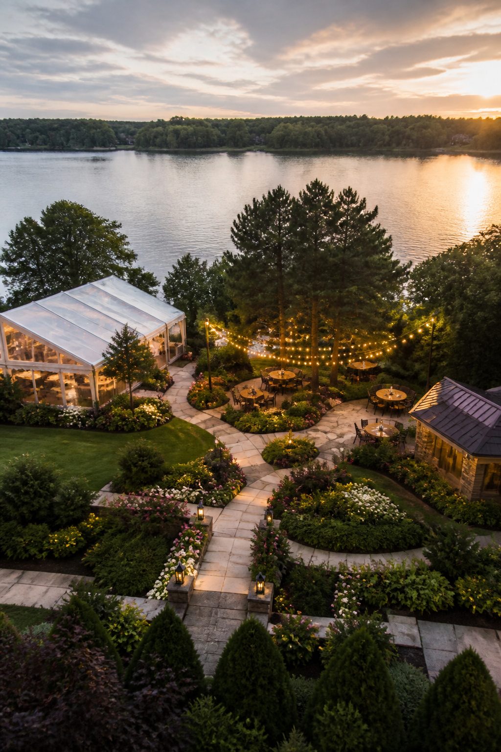 7 Garden Wedding Ideas for Every Season and Setting 6 A garden venue with floral views, paths, and seating for guests.