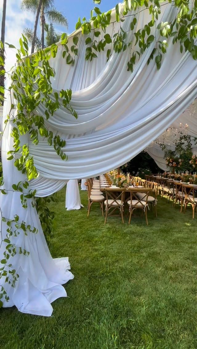 White draped fabric and green leaves frame an outdoor wedding reception on a grassy lawn.
