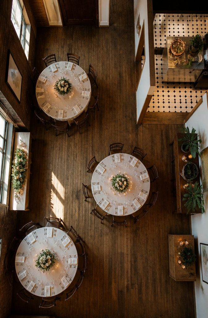Interior of The Baker Building showing wooden beams and vintage details.